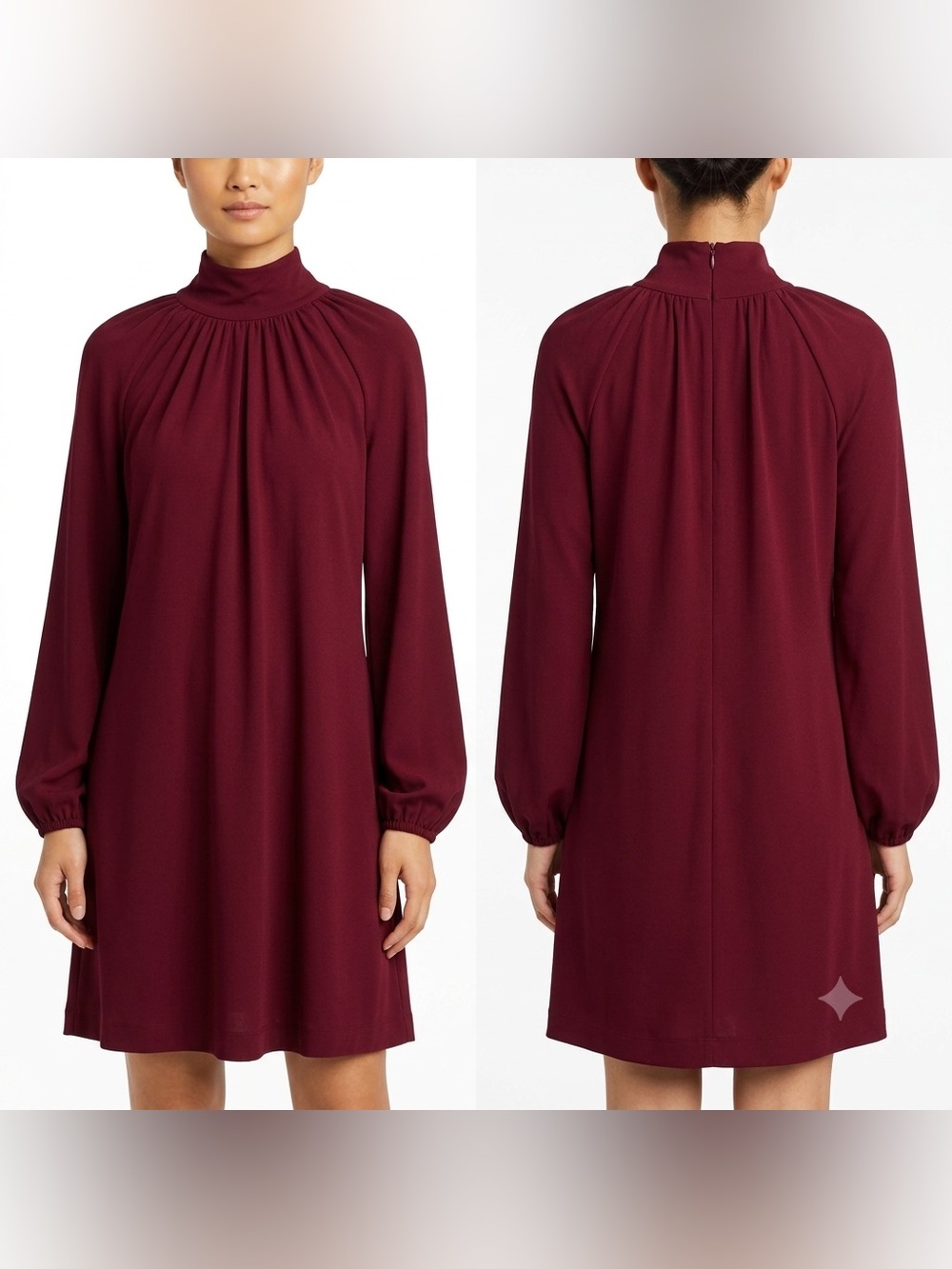 Women’s Mock Neck Long Sleeve A-Line Dress - Burgundy